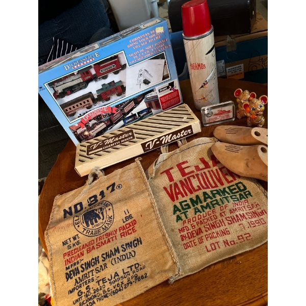 Dickens Ville train set a V master cigarette maker, two vintage rice bags, shoe stretchers, and mous
