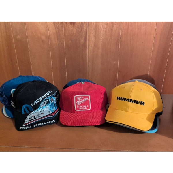 8 Branded Caps Featuring Mopar, Milwaukee, Hummer, and Other Logos