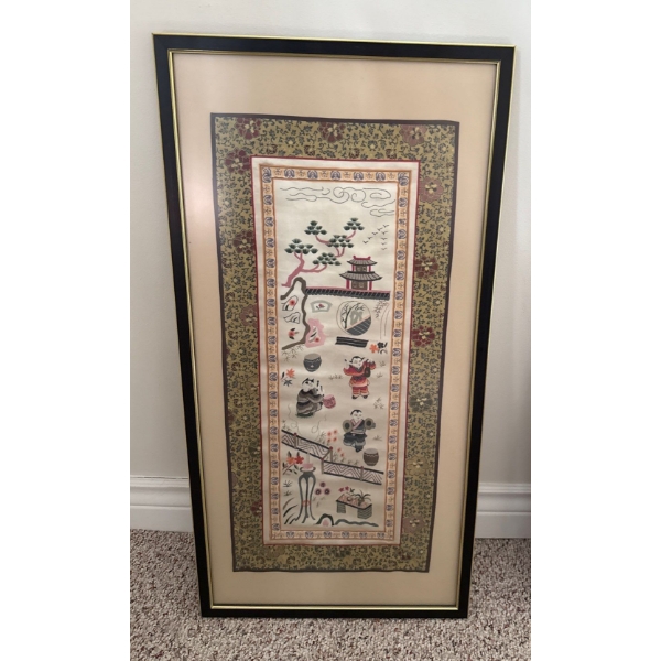 Antique Asian Silk Hand Embroidered Screen / Panel 15x30