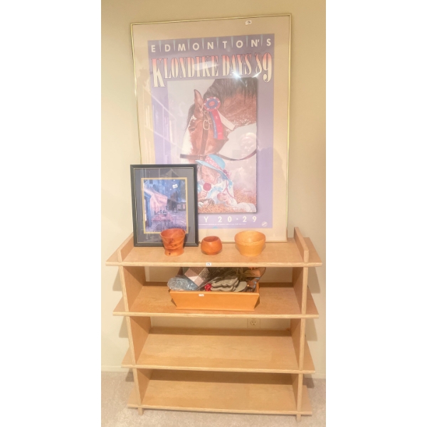 Wood Shelf w/ Collectible Klondike Days Framed Poster & Basket Of Goodies