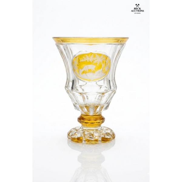 Bohemian Glass , Gold ( Amber ) Color , Hand Etched 5''INCHES IN HEIGHT