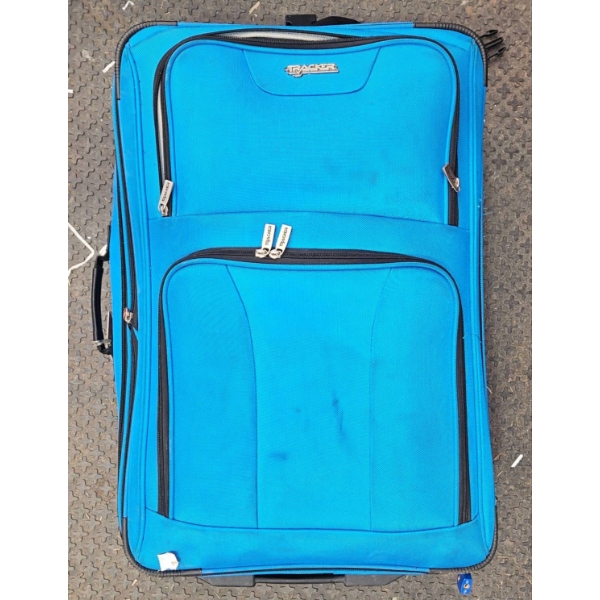 Blue Nylon Rolling Suitcase with Contents, Including Gold-Tone Fabric