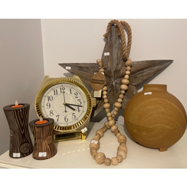 Rustic Hanging Star, Oil Diffusor, Large Watch Shaped Clock & Candle Holders
