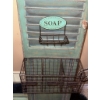 Image 1 : Decorative Wall Group: Ornate Frame, Painted Shutter, Wire Baskets, Mirror, Faux Fur Rug