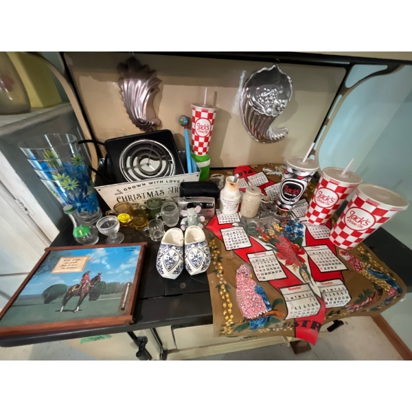 selection of miscellaneous items, including Jack’s original driving cups small pair of Dutch clogs, 