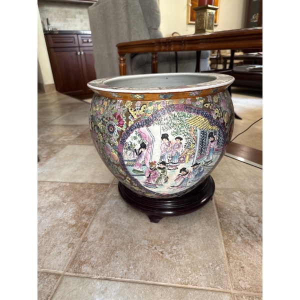 Chinese Porcelain Pot Koi Fish Interior On Rosewood Base 15D 14T