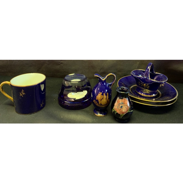 Limoges Cobalt Blue w/ Gold Accented Glassware w/ Hummel Paper Weight