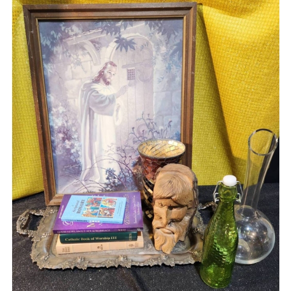 Decor Warner Sallman Jesus Print, Mosaic Vase, Wood Carving, Glass Decanter, Books