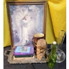 Image 1 : Decor Warner Sallman Jesus Print, Mosaic Vase, Wood Carving, Glass Decanter, Books