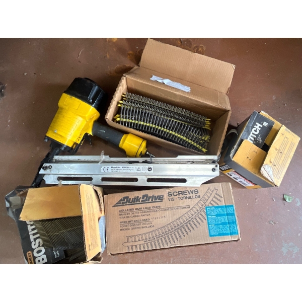  air framing nailer with a number of boxes of nails & screws
