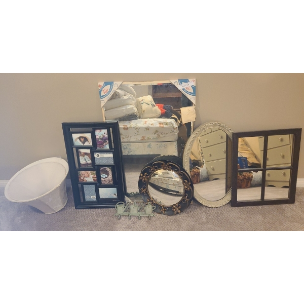 Assorted Mirrors, Collage Picture Frame, Lamp Shades & Metal Key Holder. Lg Mirror  24 W 36 H