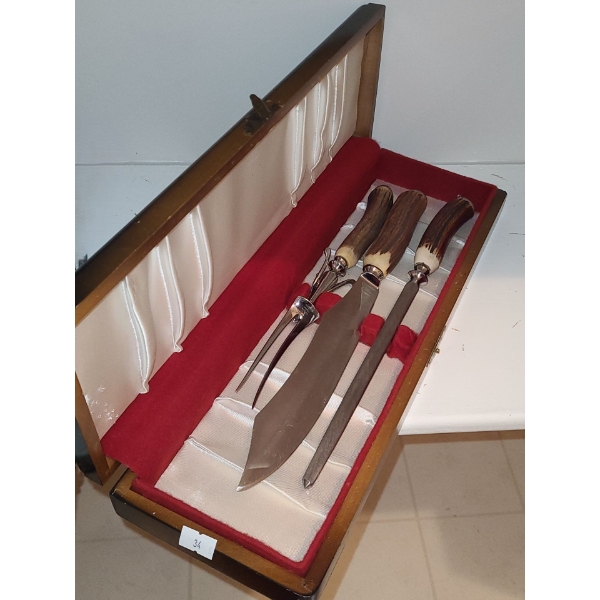 Stag Horn Carving Set w/ Sharpener and Wooden Box, Maker's Mark Illegible/ Worn