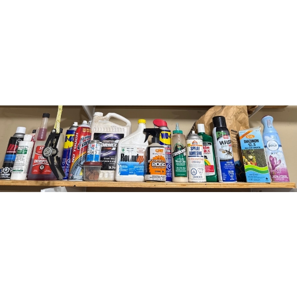 Shelf Of Assorted Shop Fluids - Automotive Fluids Home/Garden & More