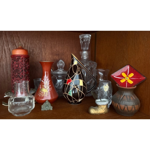 Hyalith Art Deco Vase w/ Gold Abstract Detailing w/ German Glass Decantors Novelty Boot Carved Candl
