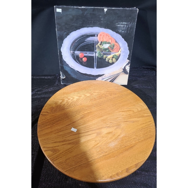 Sectioned Glass Serving Platter 14.5" Diameter, Wood Lazy Susan 19" Diameter