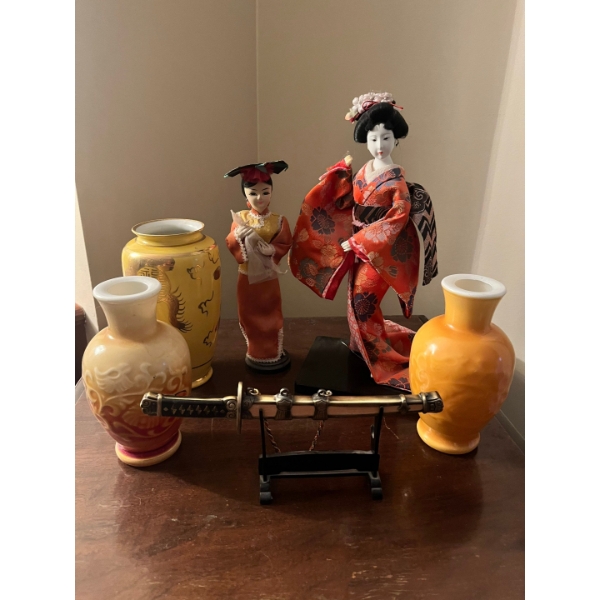  Collection of Asian influenced pottery, statues and to Avon vintage flower vases and small, stainle