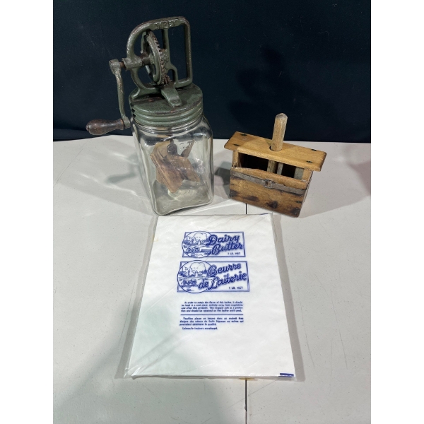 Antique Dazey Butter Churn, Butter Press and Butter Paper