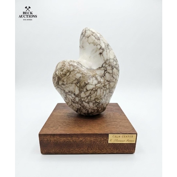 Marbled White And Grey Stone Abstract Sculpture Titled "Calm Center By Artist Theresa Jones 11''IN H