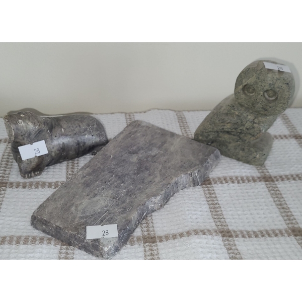 Soapstone Carvings: Seal 2 W, 3.5 D, 2.5 T - Owl 3 W, 2 D, 3.5 T 