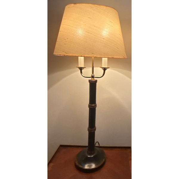 Antique Table Lamp w/ Lacquered Base & Fabric Shade