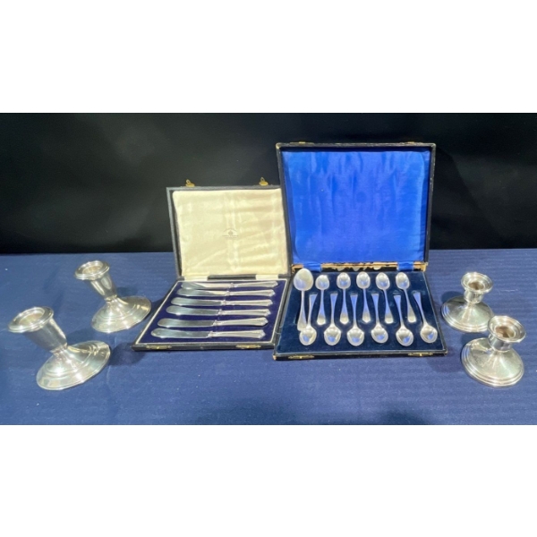 Stainless Steel Knives and Spoons, "Silver" Candle Holders