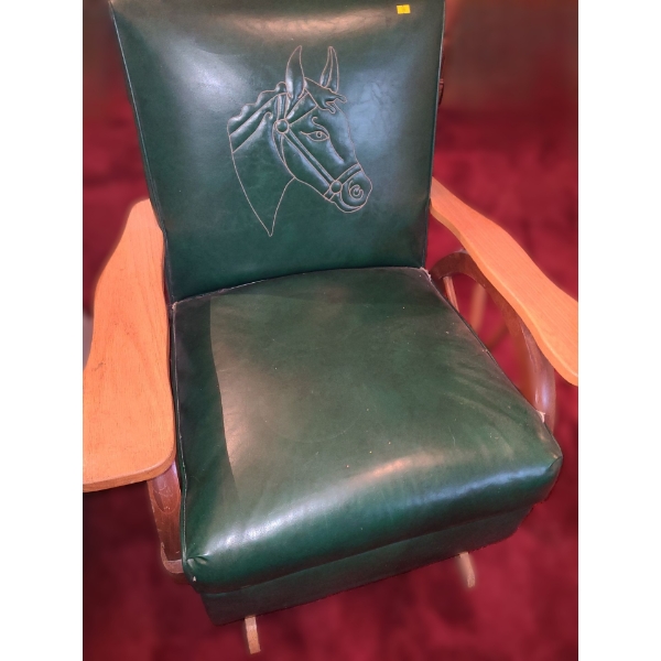 Vintage Green Vinyl Seat Rocker w/ Wood Wheel Arm Design 32 W, 33 D, 30 T 