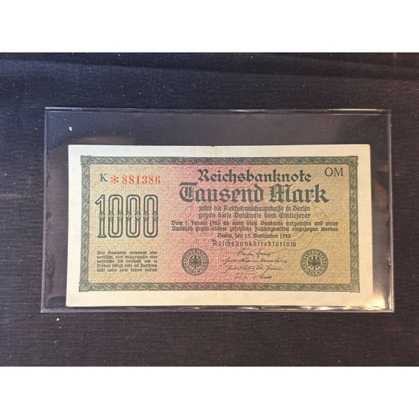 1922 German Reichsbanknote 1000 Mark Currency Note