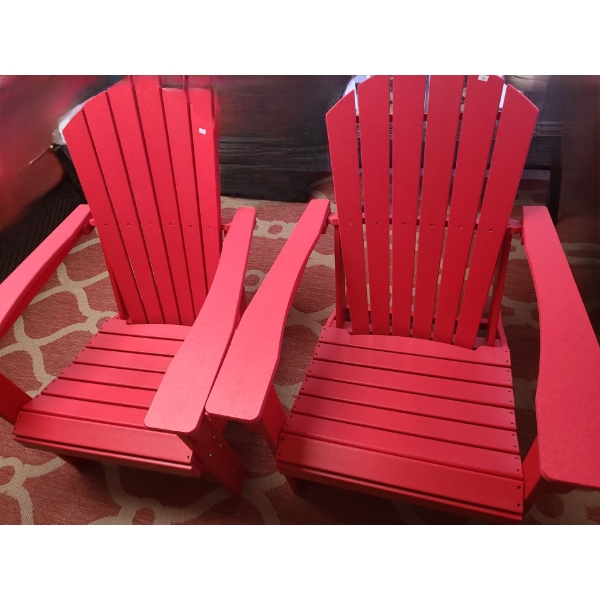 Set of 2 Sturdy Red Plastic Muskoka Chairs 39 T, 34 W,  30 L