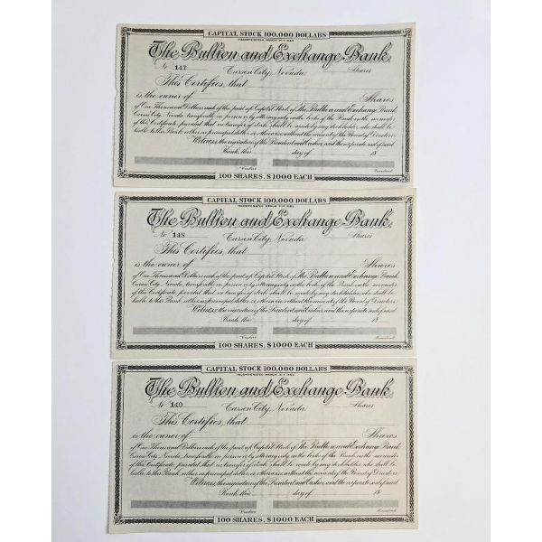 Vintage Stock Certificates For "The Bullion and Exchange Bank" Located In Carson City, Nevada