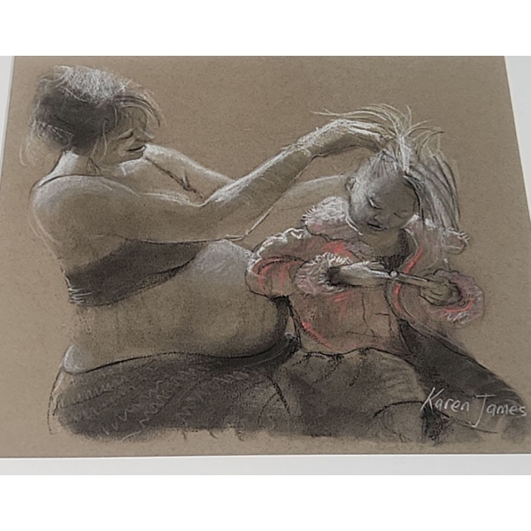 Charcoal and Pastel Sketch Titled " Mother and Child" by Karen James ( 12 x 12 Before Frame)