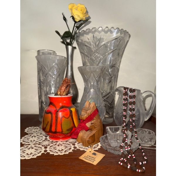 Cut Crystal Vessels w/ Crown Canadian Carvings & Mid Century Poole Pottery Delphis Vase