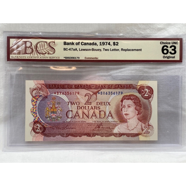 Graded Canadian 1974 $2 Choice UNC Prefix: *BX