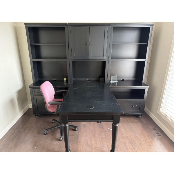 Beckincreek Collection by Ashley Furniture's Executive T-Shaped Black Wooden Desk & Hutch (63"Desk)