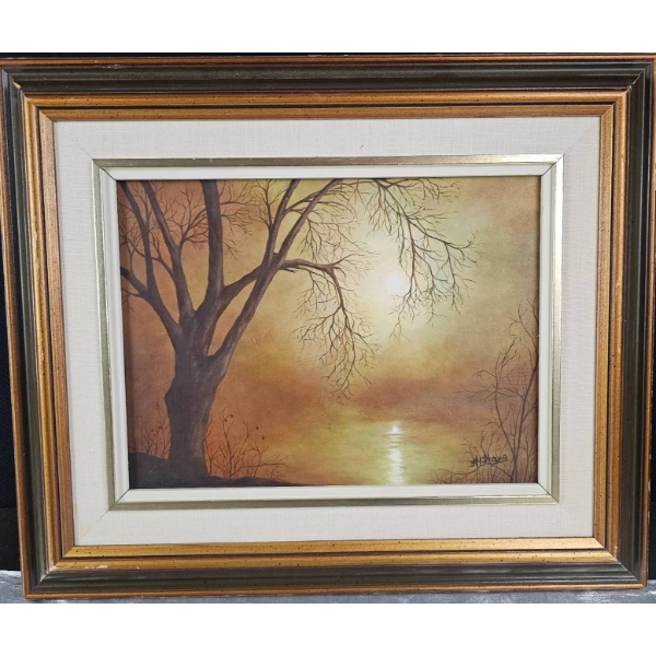 Framed Oil Painting of Tree and Water Reflection, Signed