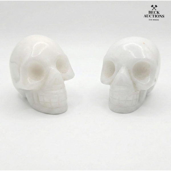 2 hand-carved White Stone Crystal Skull Figurines.  2 IN T