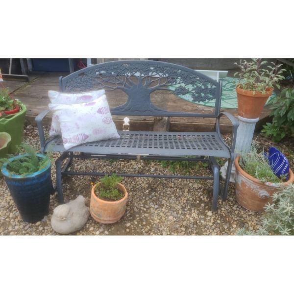 Metal Outdoor Bench with Tree Design and Accessories