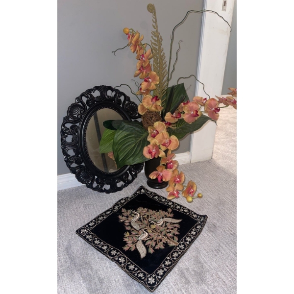 Ornate Wall Mirror 14T w/ Velvet Sequined Pillow Cover Faux Florals In Black Vase 