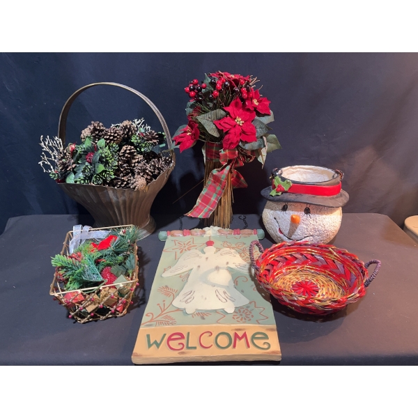 Holiday Decor Items With Metal Basket And Welcome Plaque
