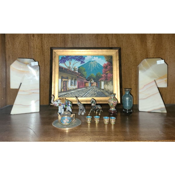 Marble Bookends 3.5 W, 2.5 D, 7 T, Framed Painting 11.5 X 9.5, Minis: Elephant 2.5 T ,Teapot 1.5 T