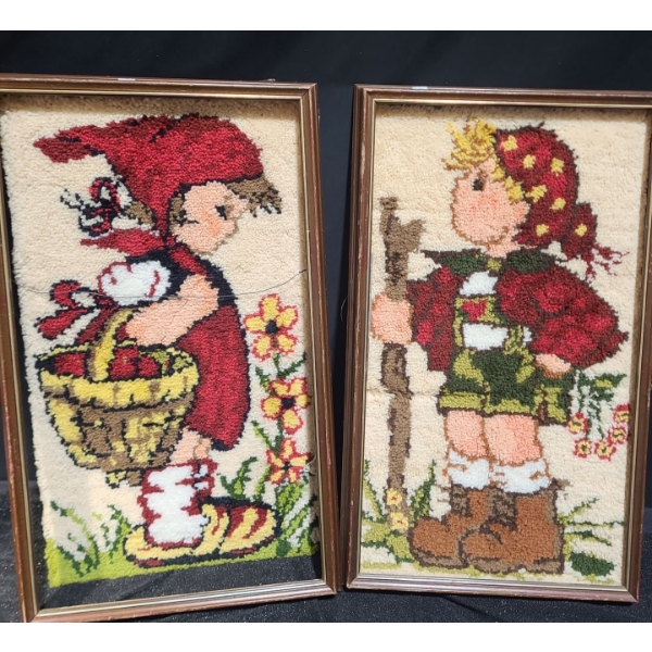 Yarn Craft of Girl w/ Basket and Boy Hiking, Framed 18 X 30