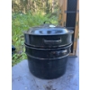 Image 5 : Vintage enamel black with white speckled canning pot with inserts, two enamel wash, basin and decora