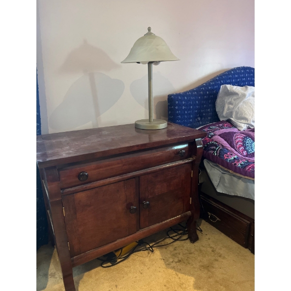 -Pair of Antique Wood night stand with lamp 33”wide 33 height 17 wide small Wood night stand 27”W 24