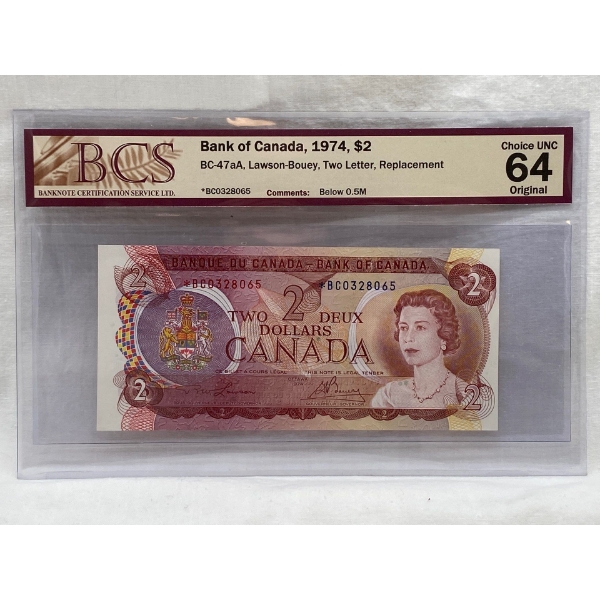 Graded Canadian 1974 $2 Choice UNC Prefix: *BC