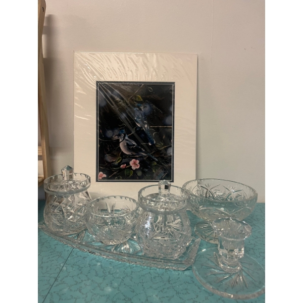Assortment of Pinwheel pattern cut crystal tableware. Small condiment bowl, lidded jam/marmalade jar