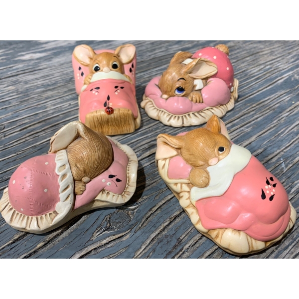 Pendelfin Pink Sleeping Rabbits (Largest is 4" Long): 'Snuggles', 'Peeps', 'Wakey', 'Dodger'