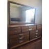 Image 1 : Malcolm Vintage 12 Drawer Wooden Dresser w Attached Mirror.  63 w, 67 h (height w mirror), 19 d