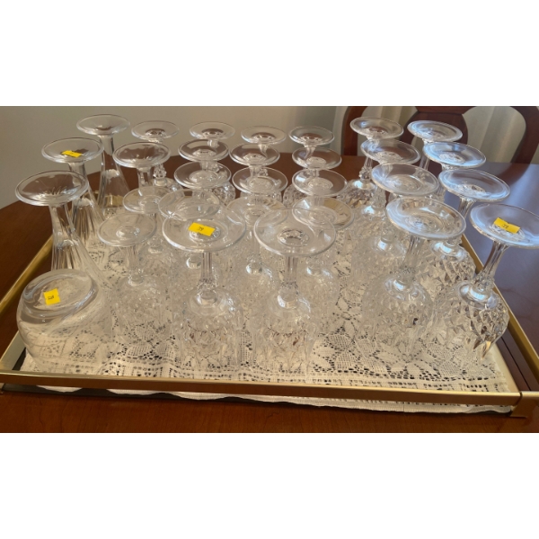 Crystal Stemware Collection w/ Decorative Gold Tray 24x14