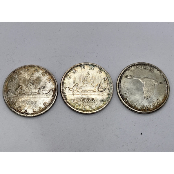 3 Silver Canadian Dollars From 1965-1966-1967 80% Silver 70.1g 