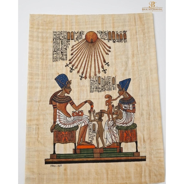 Pharaoh Akhenaten His Great Royal Wife Nefertiti & Three Of Their Daughter Papyrus Painted 12"16"IN.