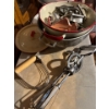 Image 2 :  collection of enamel pots bowls with a collection of lids, vintage strainer, and vintage cookie cut